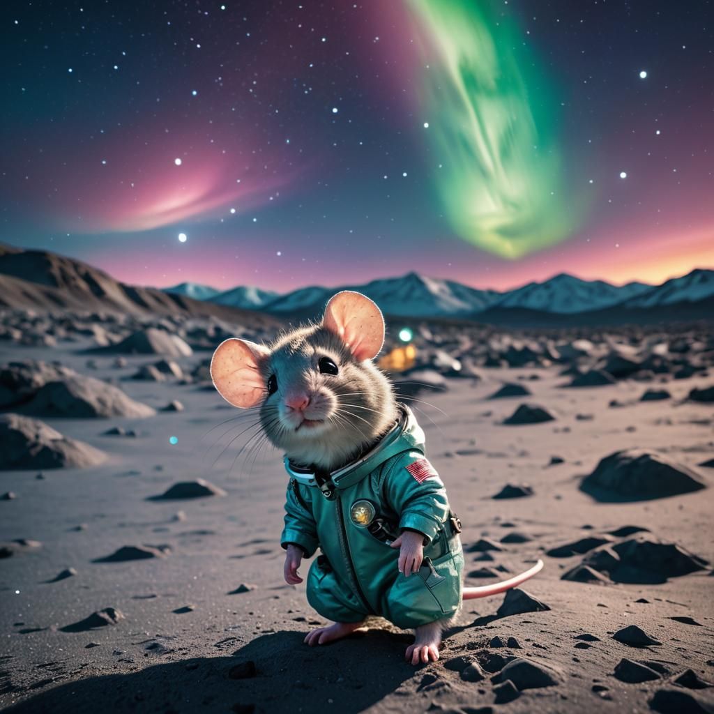 Aqua Chibi Mouse on the Moon in Hyper-Realistic Photo