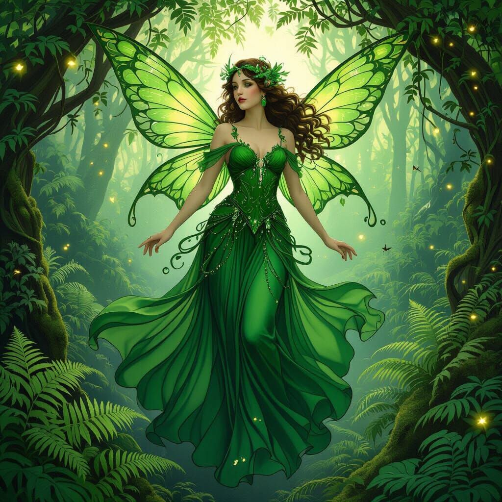 Green Fairy in Forest, Art Nouveau Style