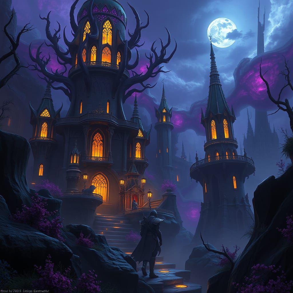 Intricate Dark Fantasy Scene with Volumetric Lighting