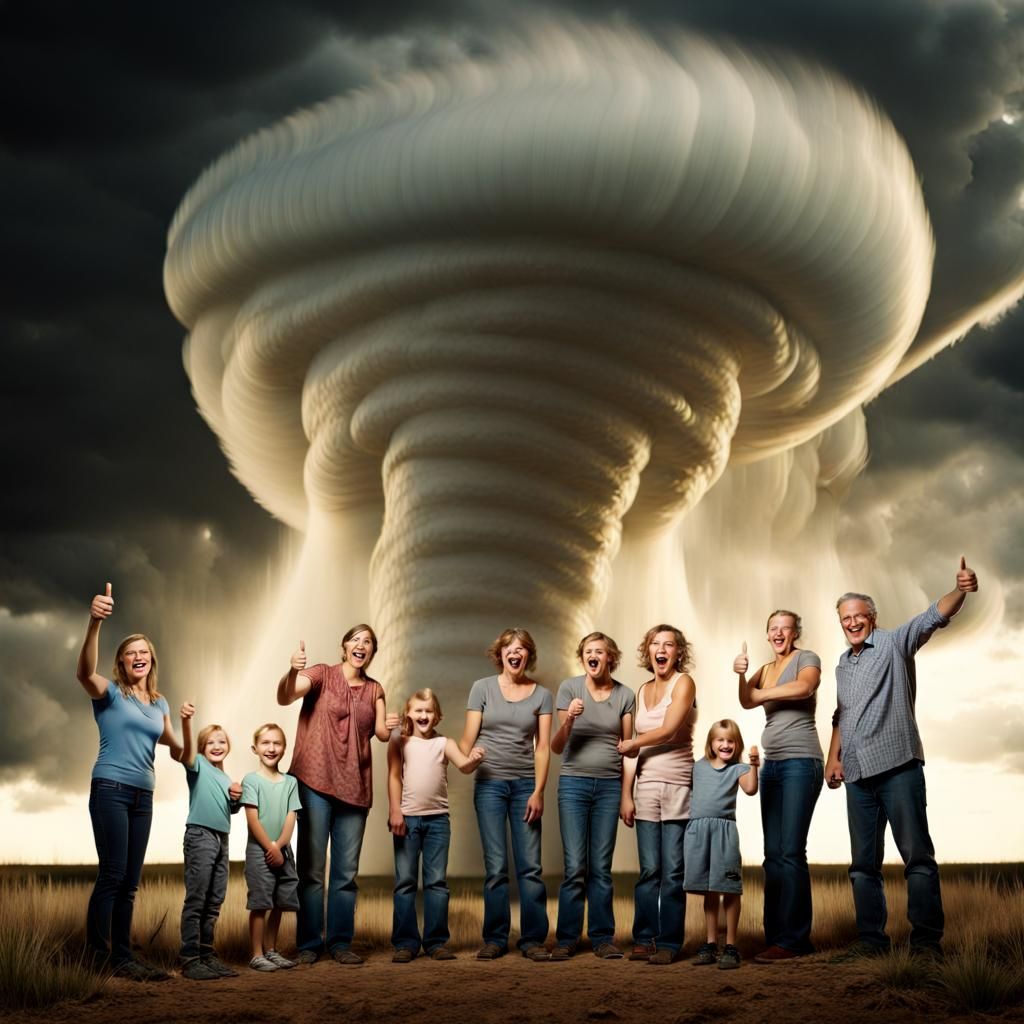 Happy Family Poses in Front of Funnel Tornado