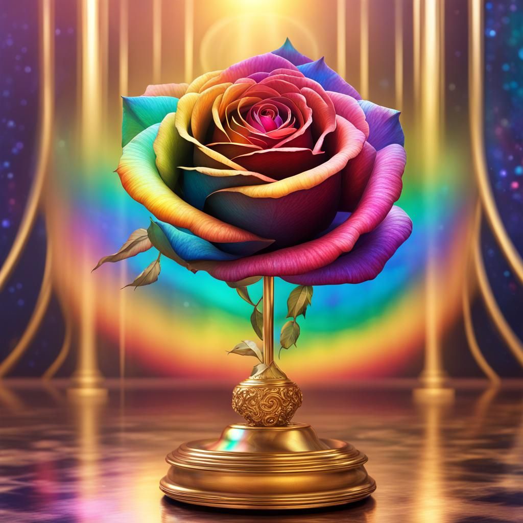 Rainbow Rose on Golden Pedestal: Astral Illustration