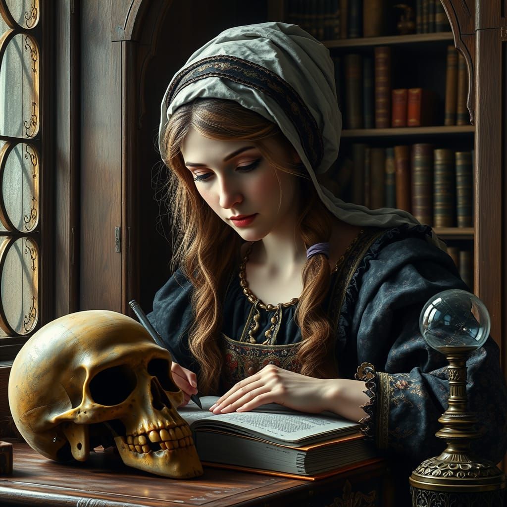 Medieval French Scholar in Scientific Cabinet