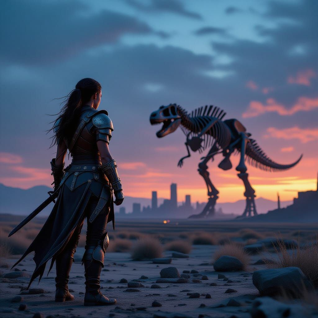 Warrior Girl on Desolate Plain Under Twilight Sky
