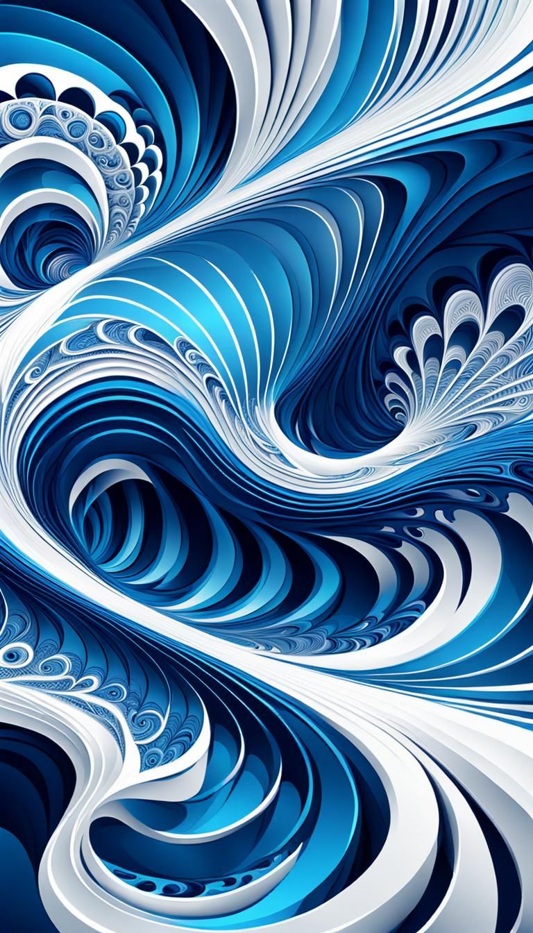 Abstract Blue and White Mirrored Fractal Wave