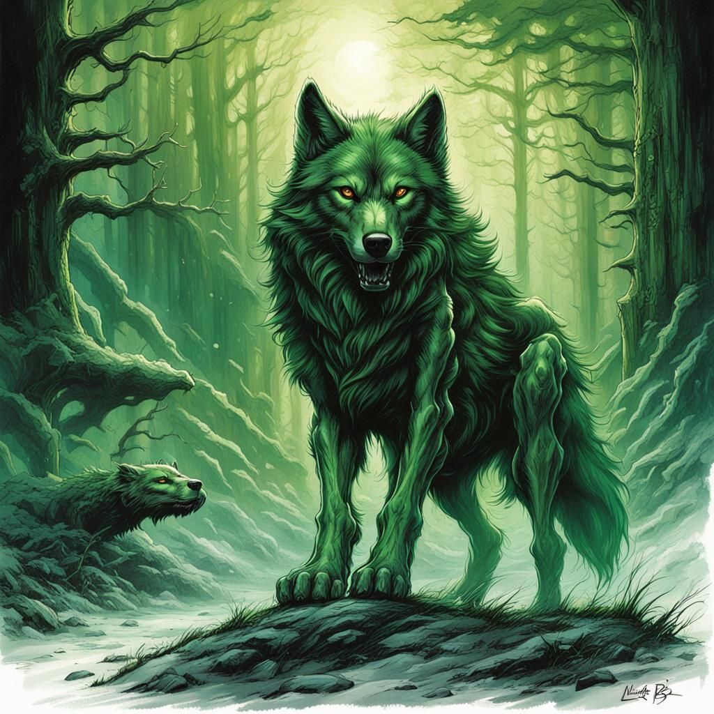 Green Wolf Comic Book Art in Modern Style