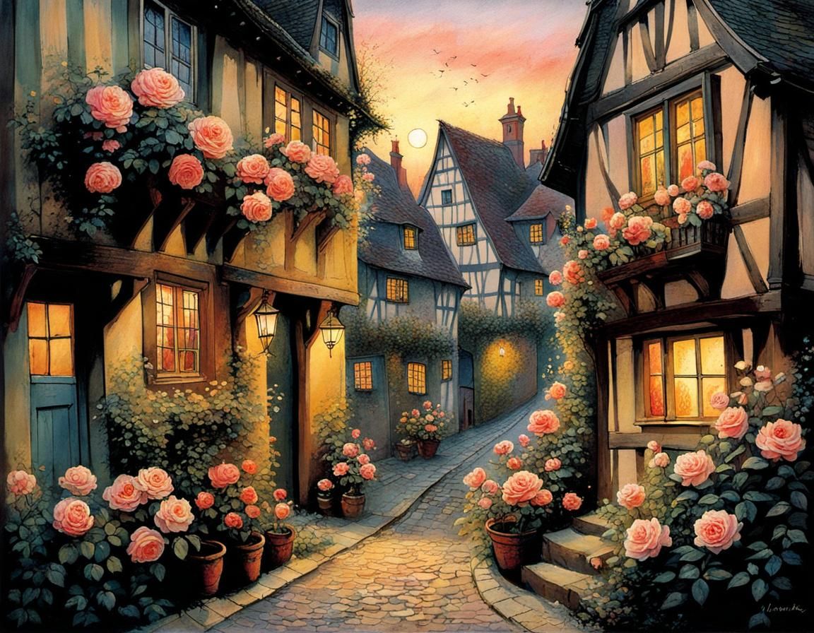 Charming Rose-Covered Alley at Dusk: Surrealist Painting