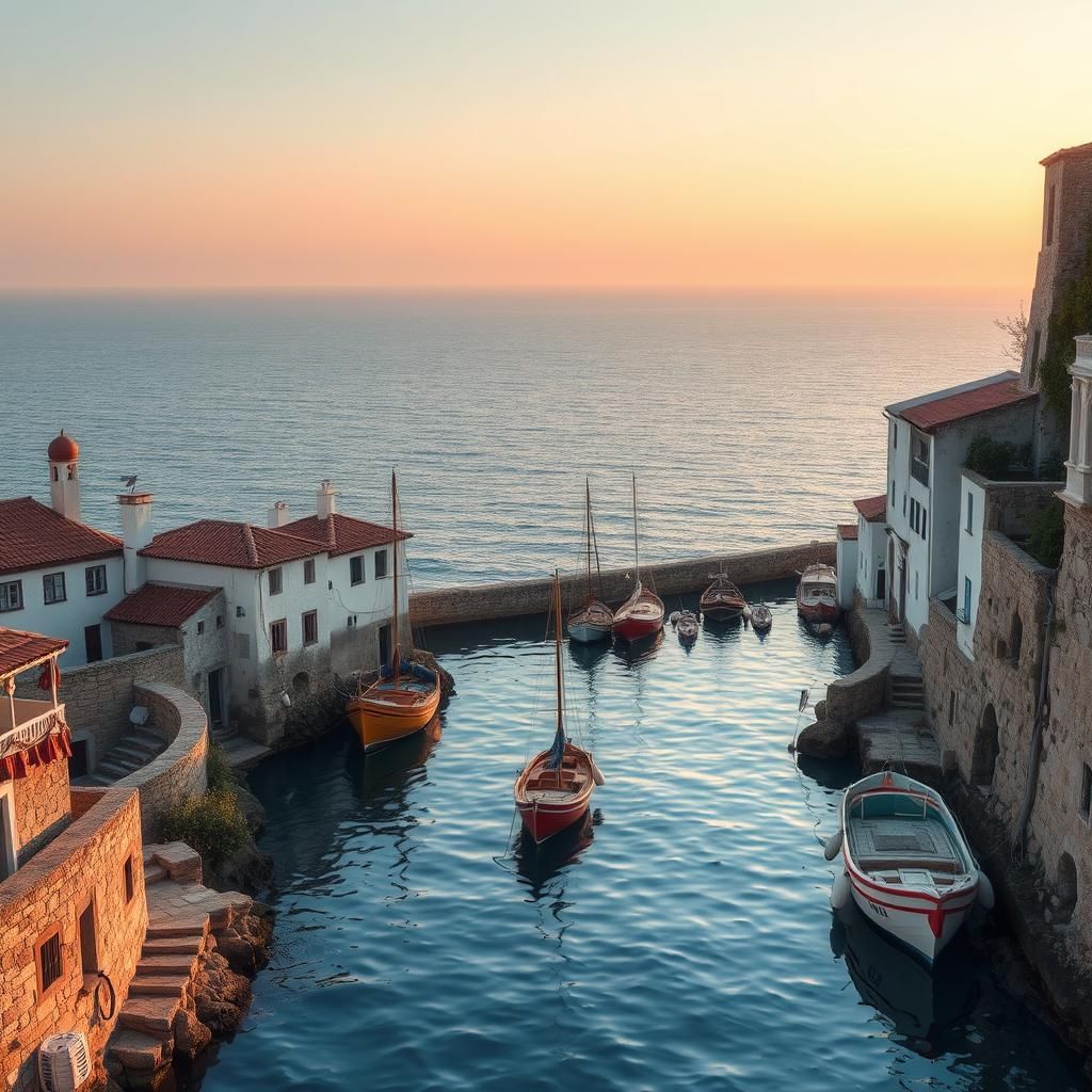 Picturesque Harbor at Sunset in Impressionist Style