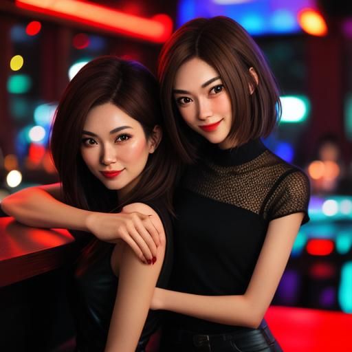 2 girls, girlfriends, night club, bar, red light, very cute(...