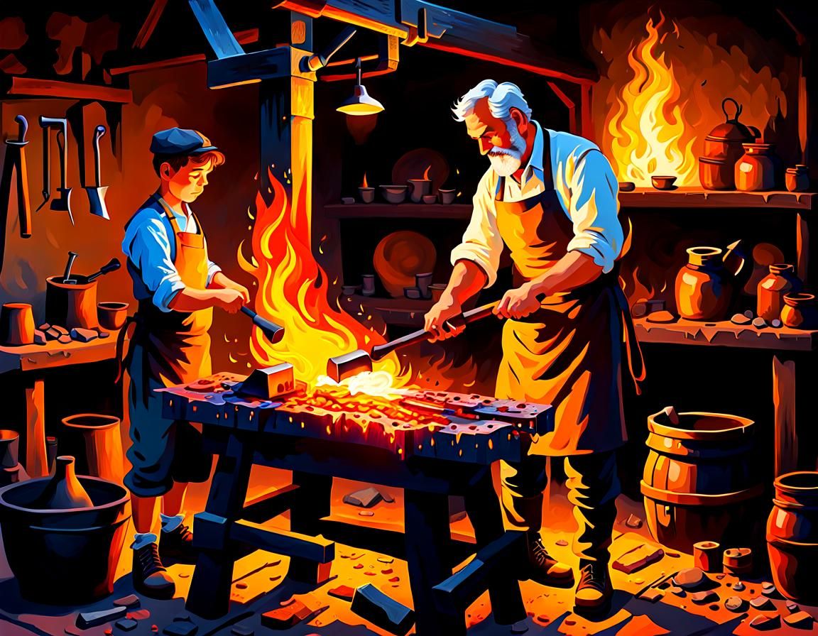 Blacksmith and Apprentice: A Whimsical Impasto Painting