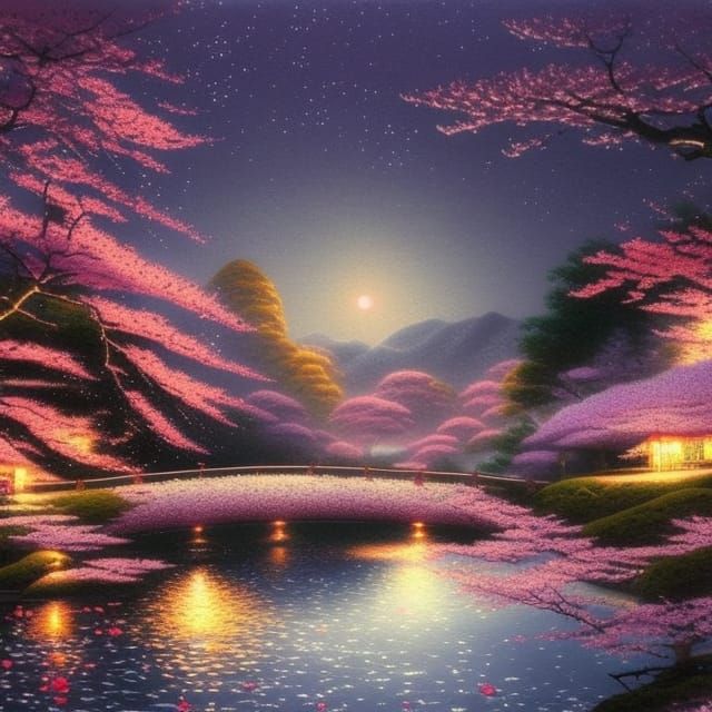 Japanese Landscape with Cherry Trees in Moonlight