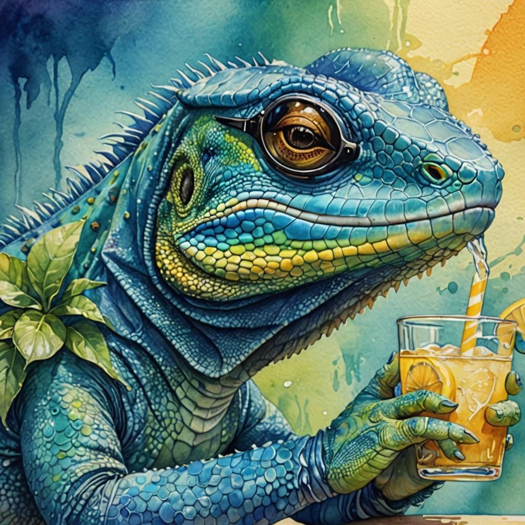 Whimsical Watercolor Scene of a Lizard Enjoying Lemonade
