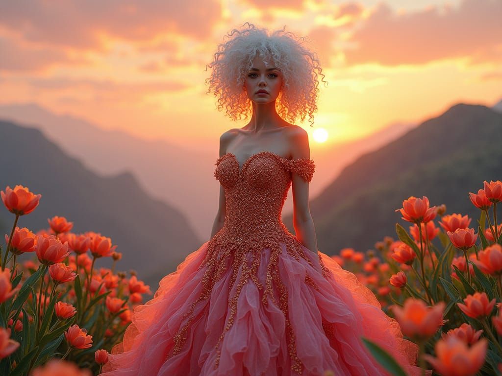 Ethereal Albino Woman in Art Nouveau Flower Bloom