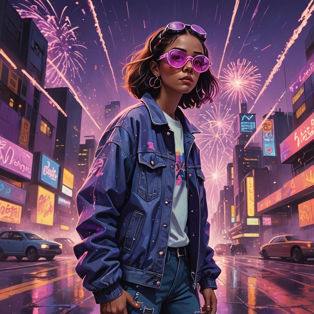 Skater in Retro-Futuristic Cityscape, 90s Concept Art
