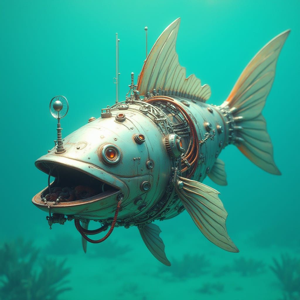 Futuristic Mechanical Fish with Propeller in Turquoise Water