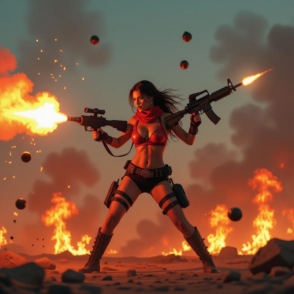Fiery Woman Wielding Flamethrower in Dystopian Landscape