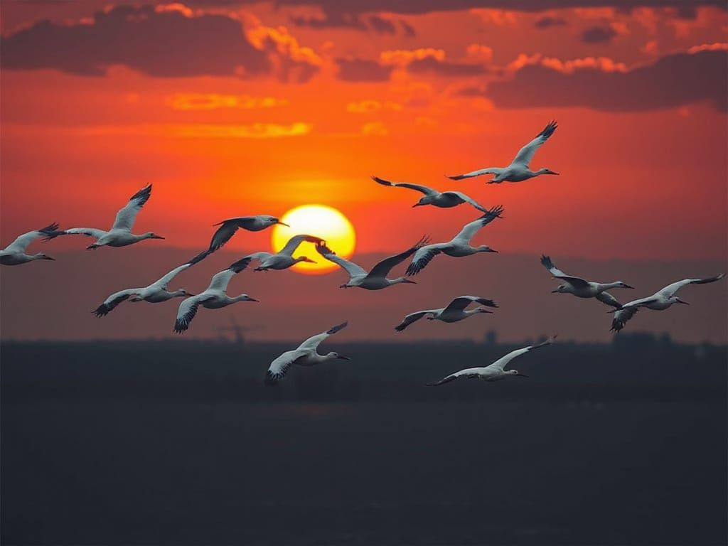 Cranes Soaring Over Water at Sunset