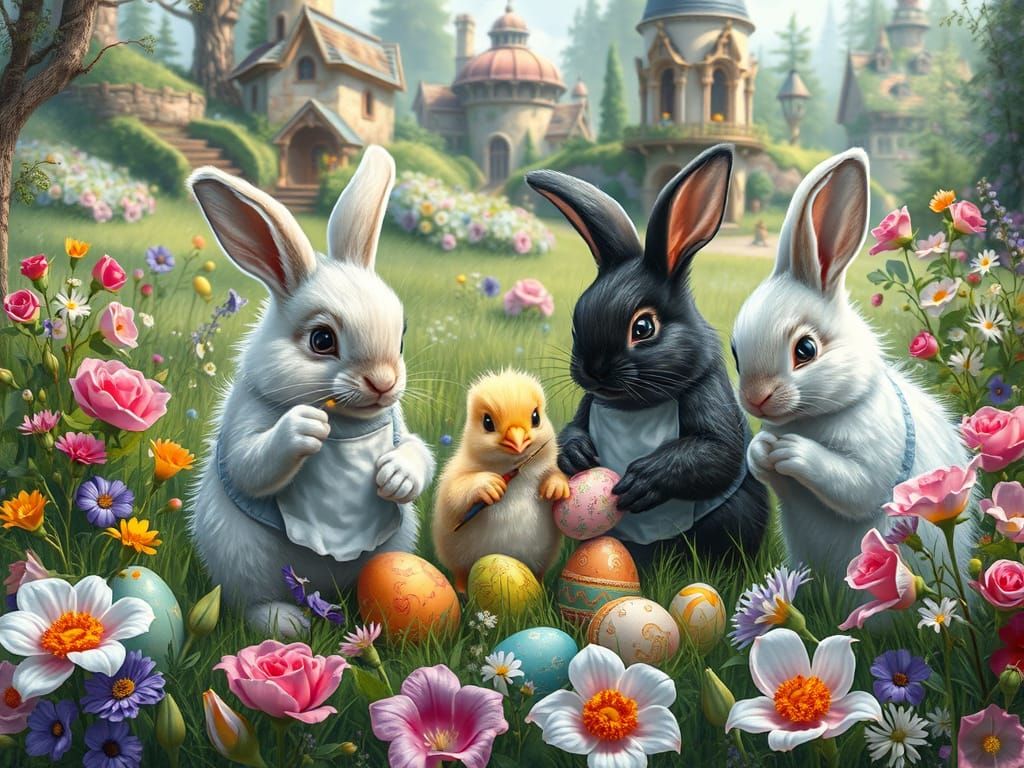 Bunnies Painting Easter Eggs in a Lush Meadow