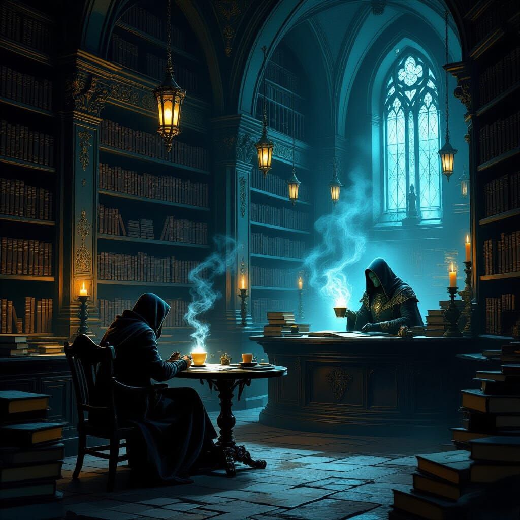 Dark Fantasy Library Cafe with Ethereal Light