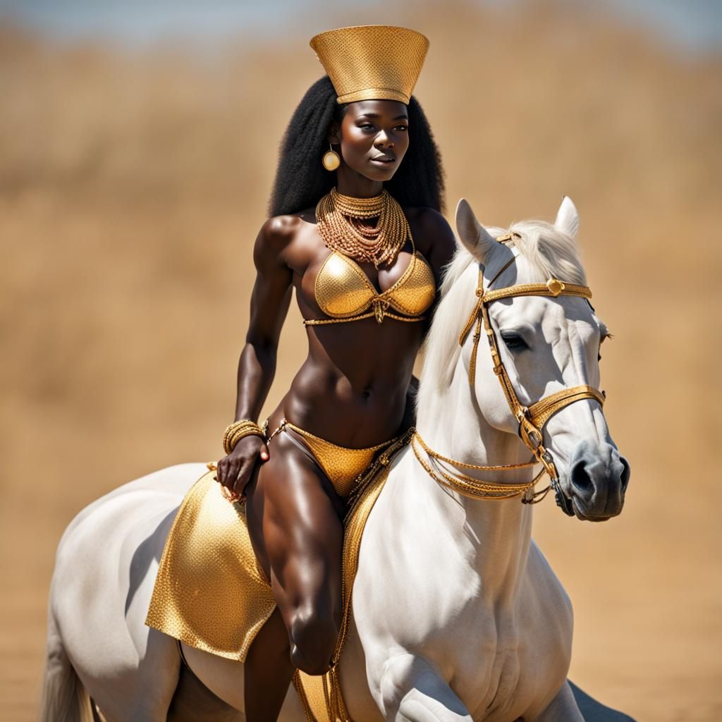 African Lady in Gold Bikini Riding a Horse