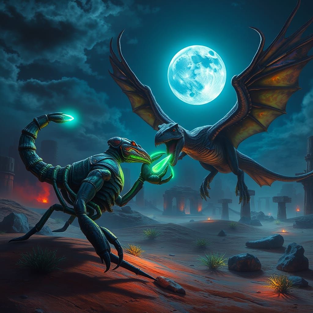 Bioluminescent Scorpion vs Pterodactyl in Fantasy Art
