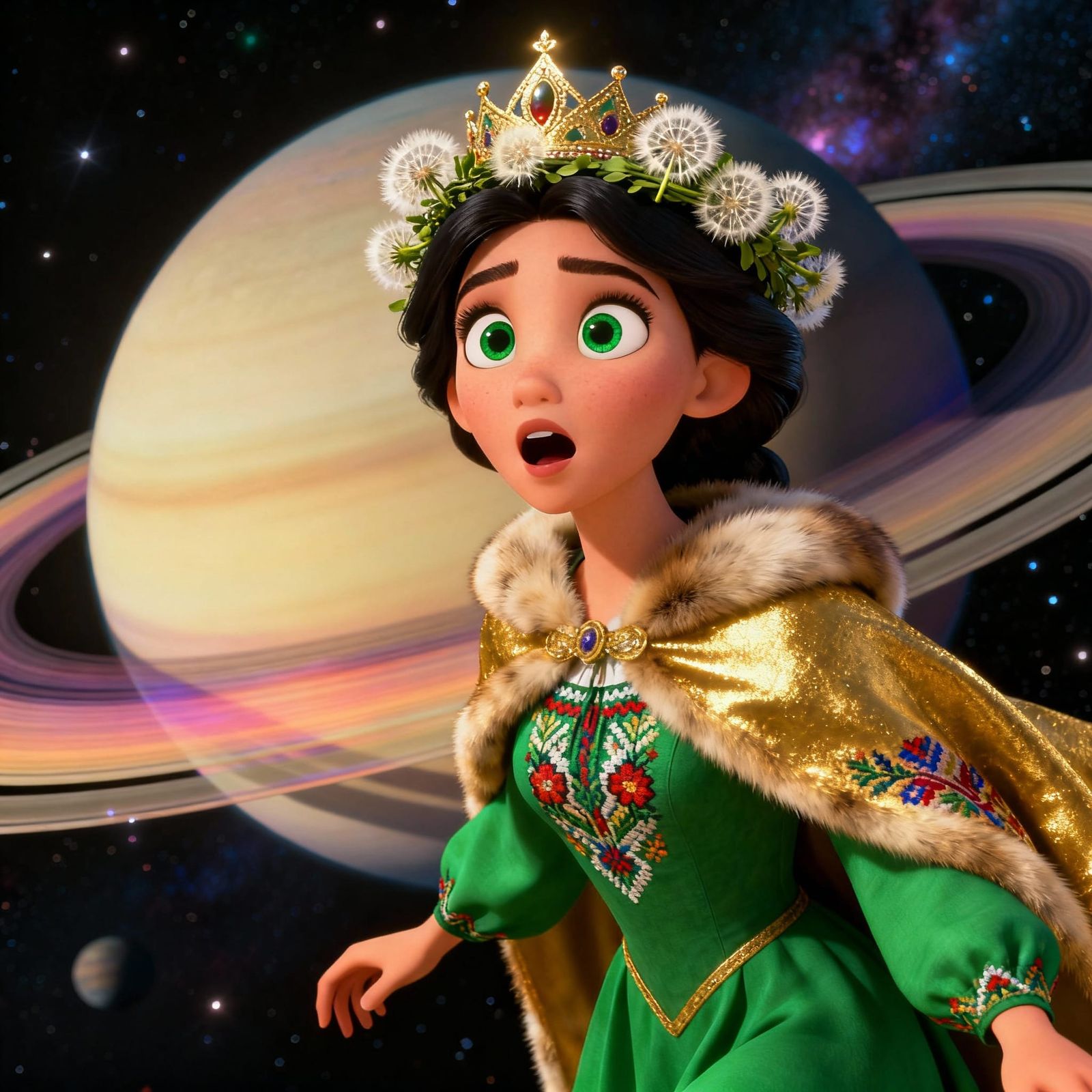 3D Cartoon Woman with Dandelion Crown Near Saturn