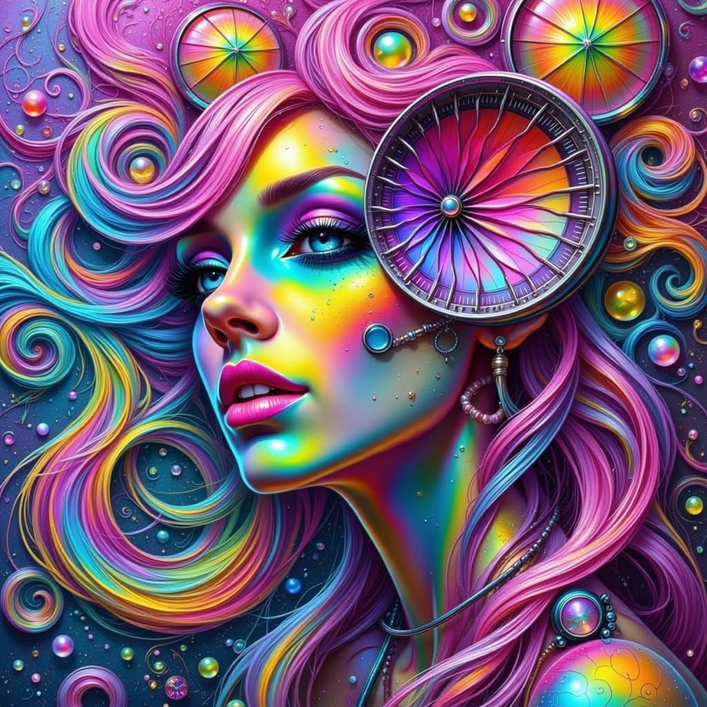 Ethereal Industrial Goddess in Vibrant Rainbow Hues