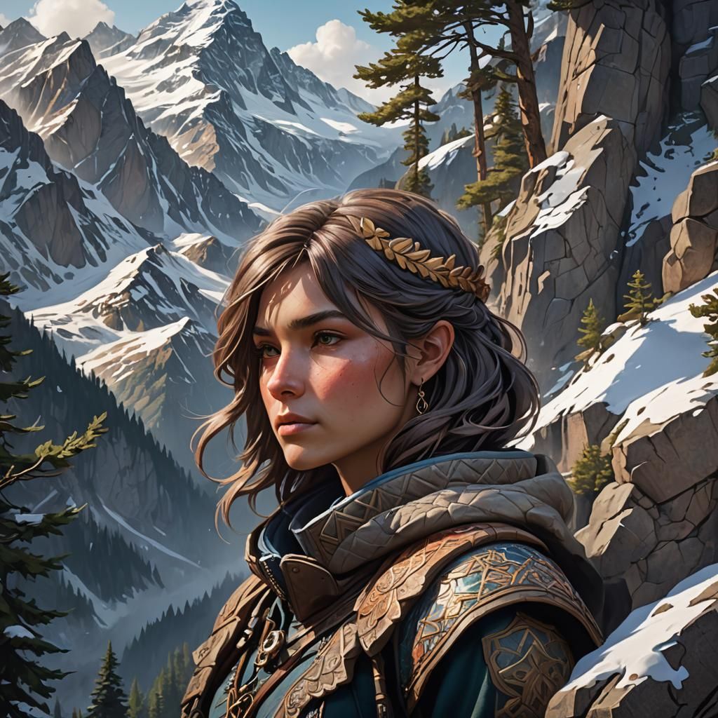 An adventurer exploring a snowy mountain landscape
