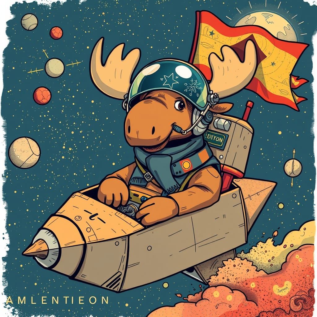 Moose Astronaut in Cardboard Rocket, Animated Fantasy Style