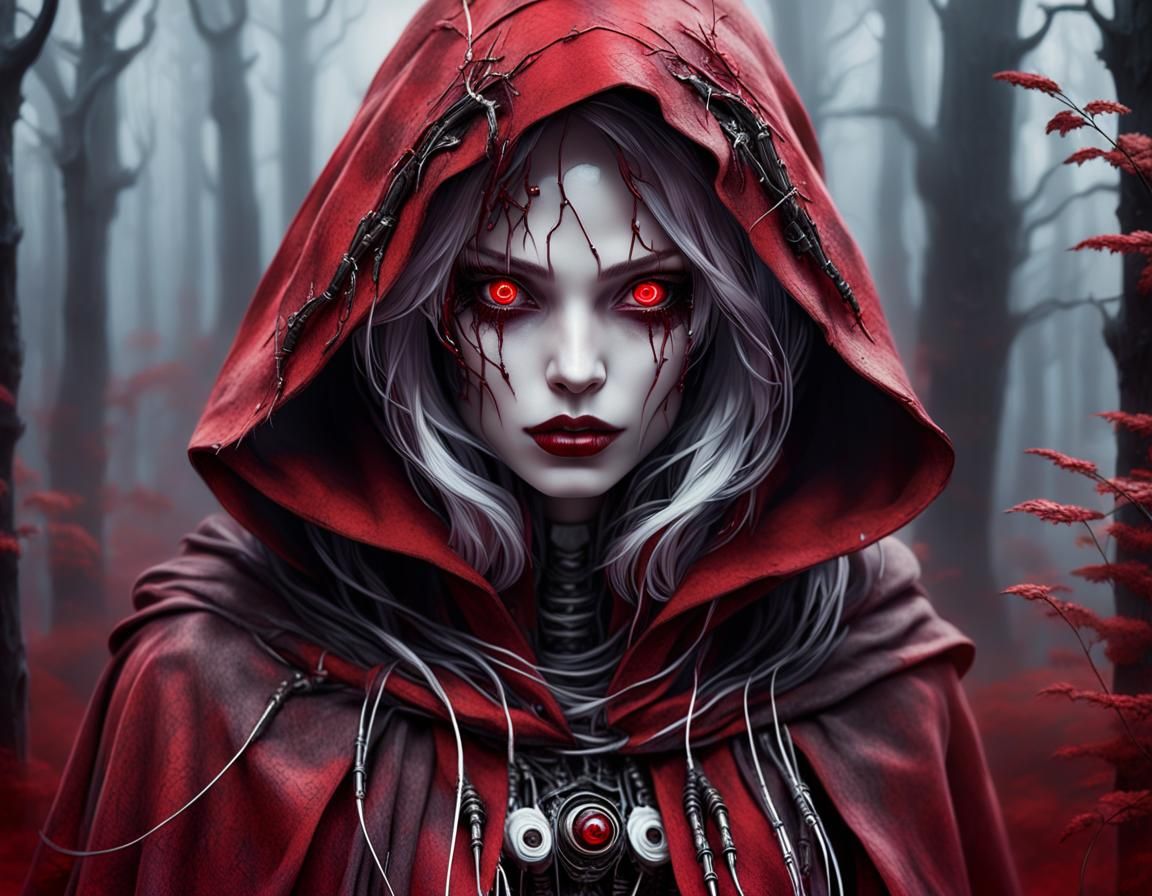 Cyborg Red Riding Hood in Mystical Forest