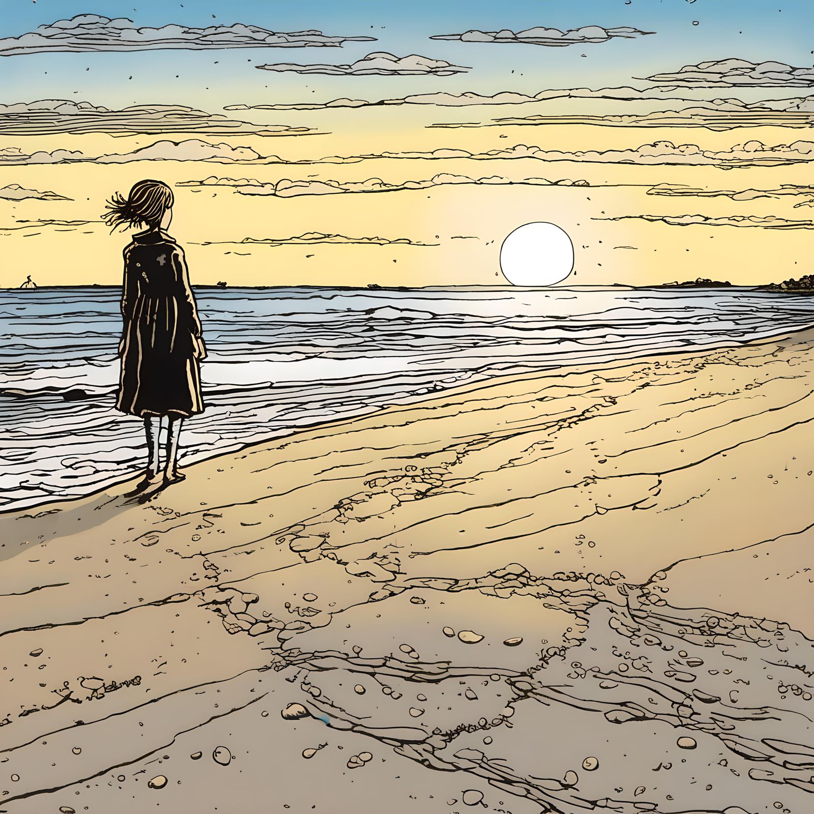 Invisible Woman Walks on Sandy Beach at Sunrise