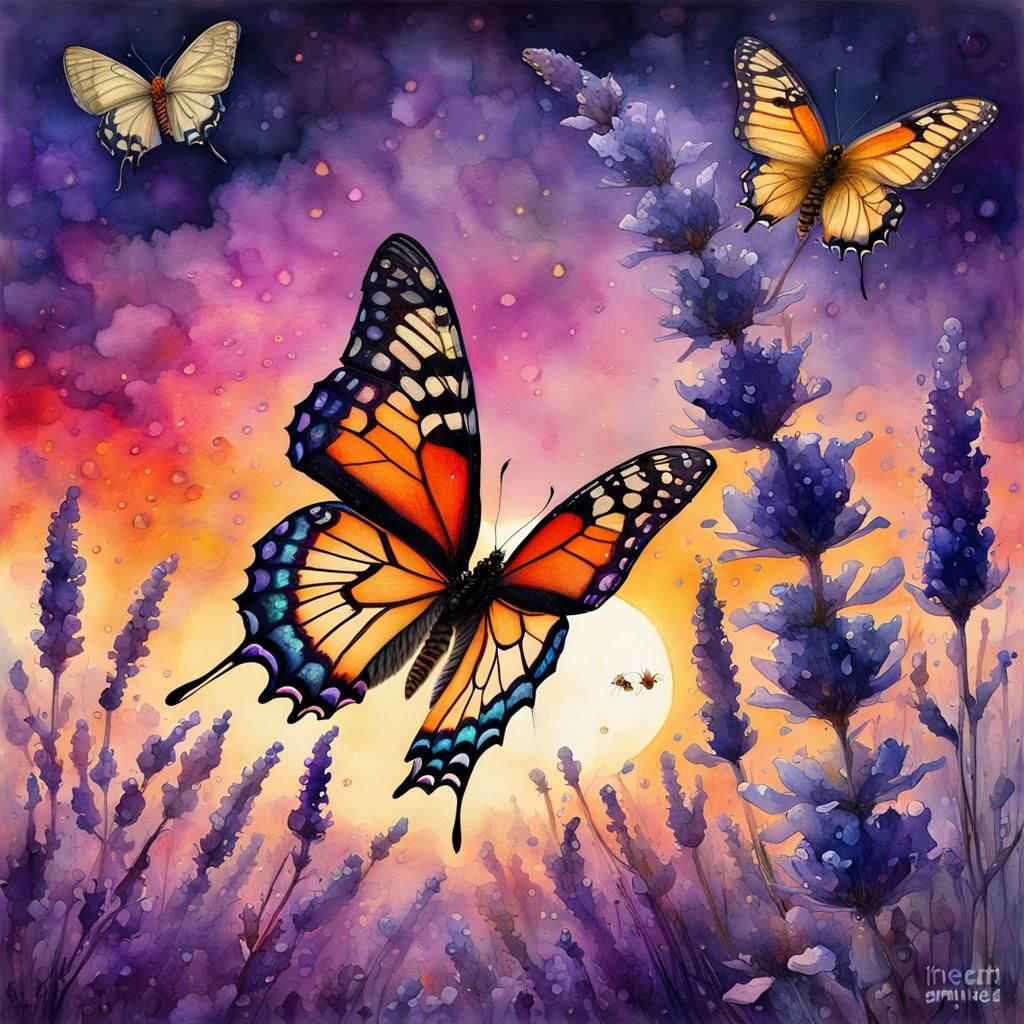 Neon Butterfly on Giant Lavender, Watercolor Concept Art