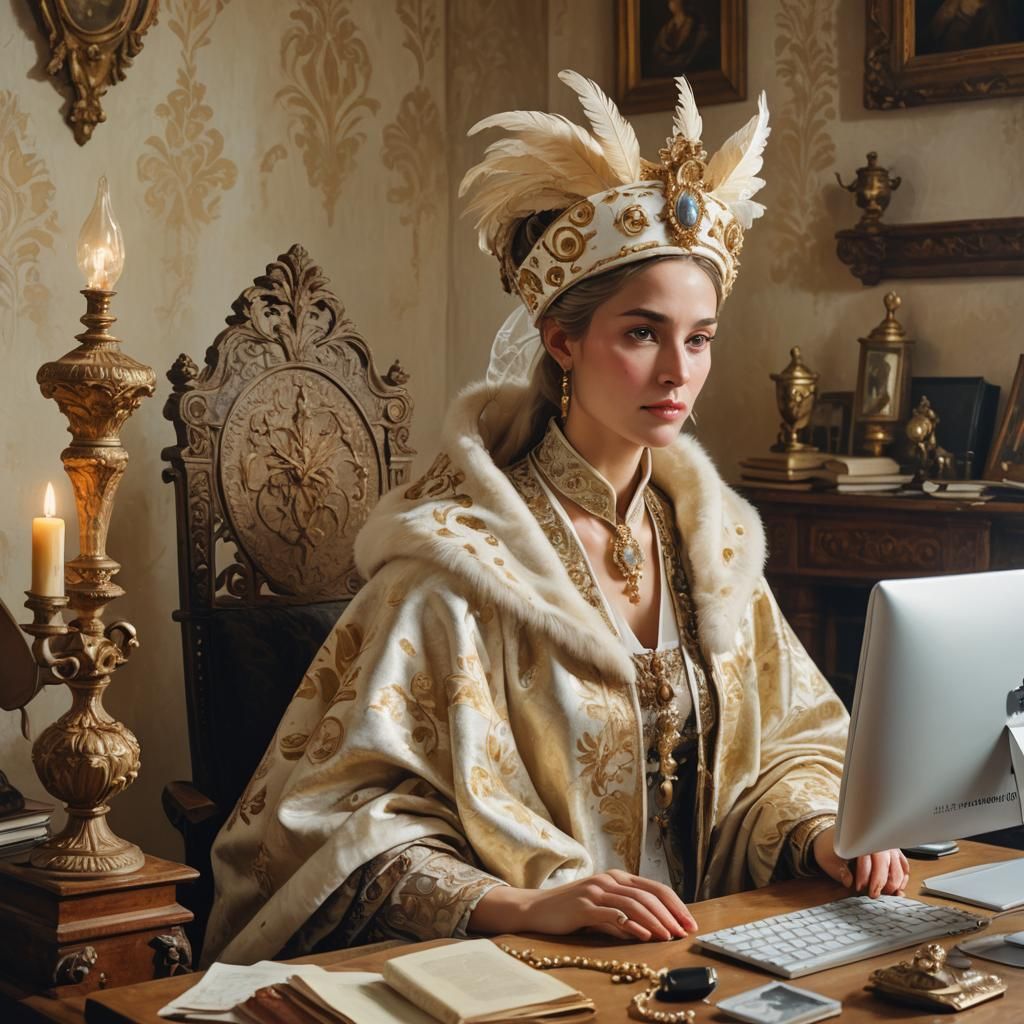 Baroque Woman with Computer: Impressionist Oil Painting