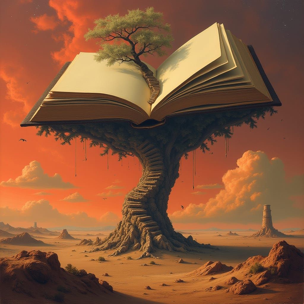 Surreal Book Floats Over Melting Clock Desert