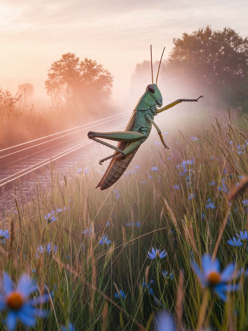 Grasshopper Leaps in Misty Field with Railway
