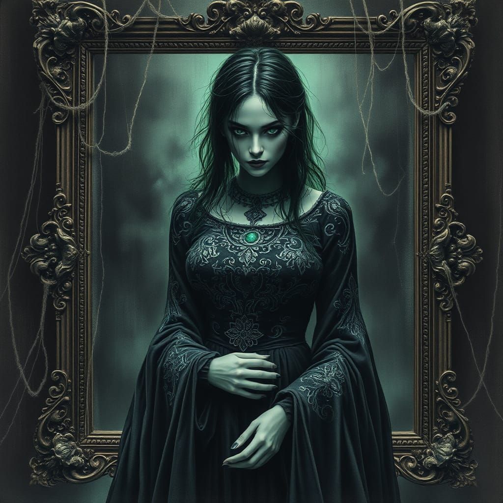 Eerie Woman in Frame with Cobwebs, Charcoal Drawing