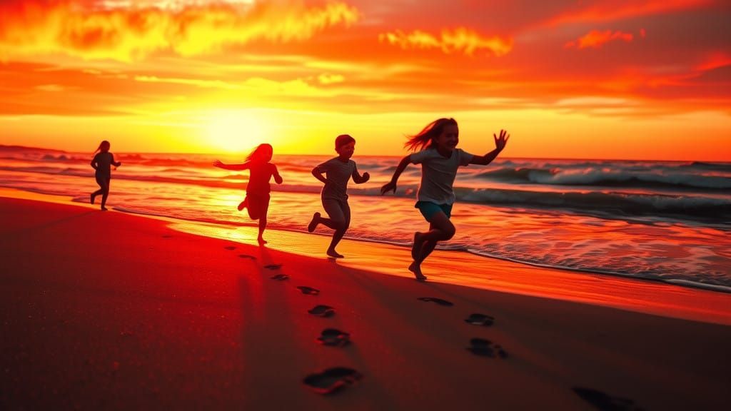 Children's Silhouettes Sprinting on Beach at Sunset