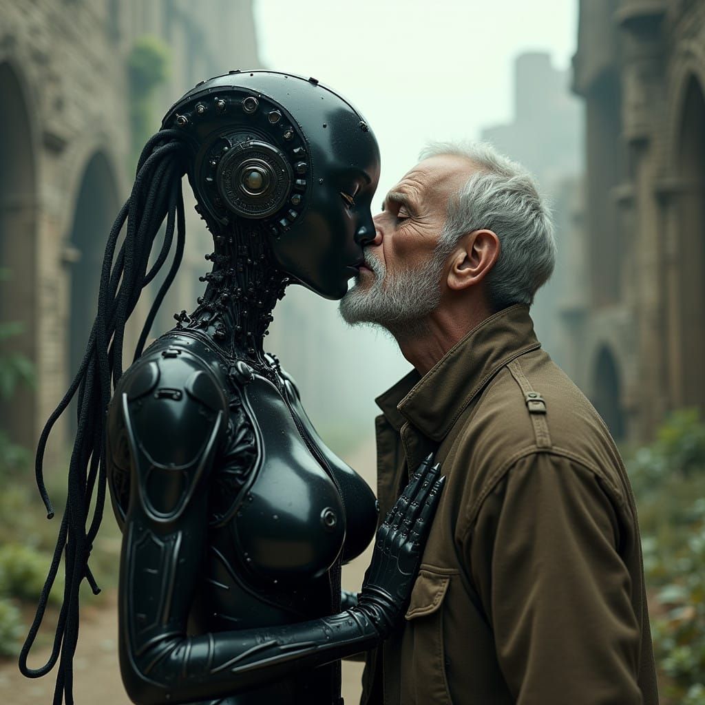 Cyberpunk Goddess of Nostalgia Tenderly Kisses a War-Torn Ci...