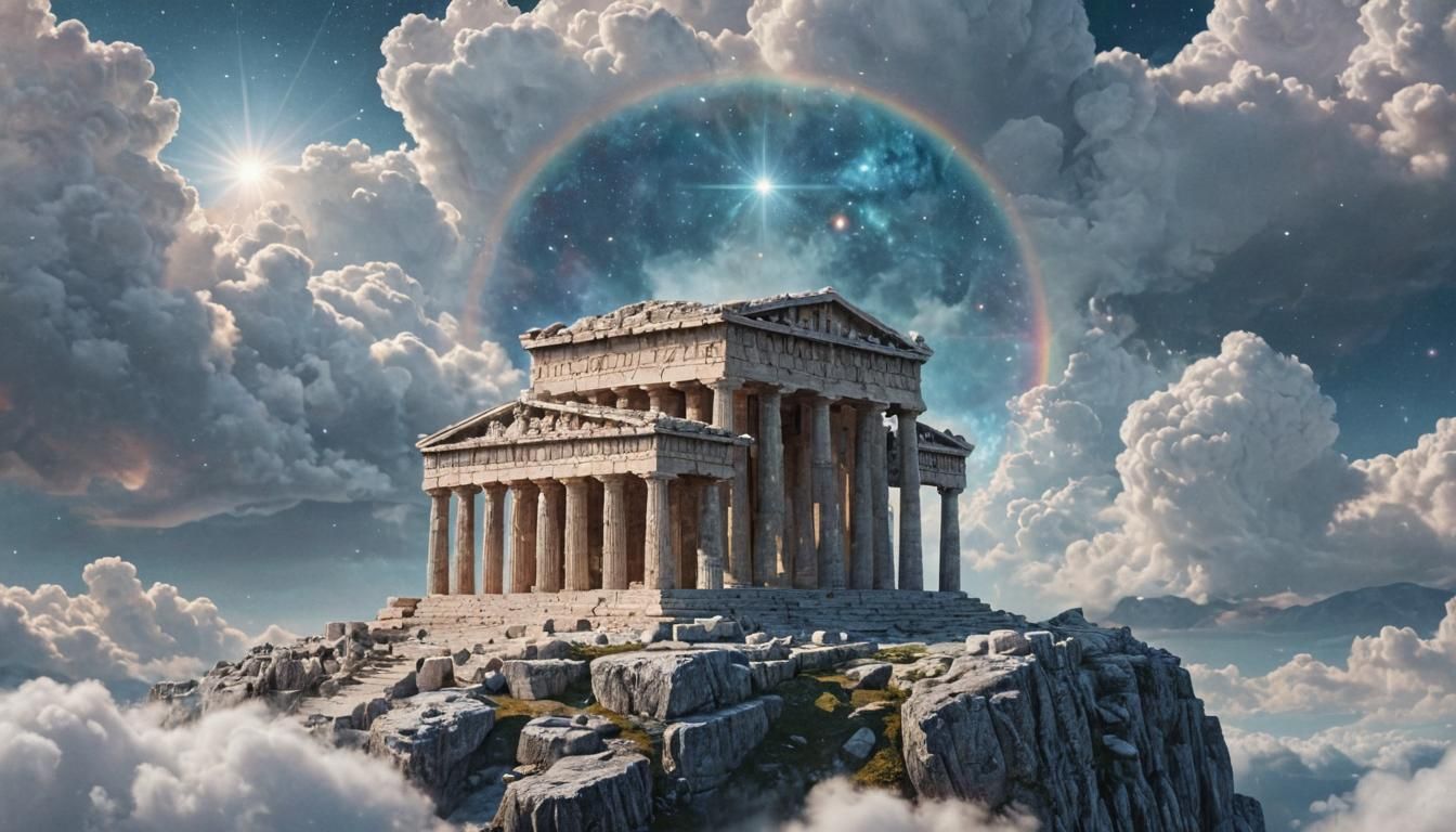 Classic Greek Temple Floating Over Clouds
