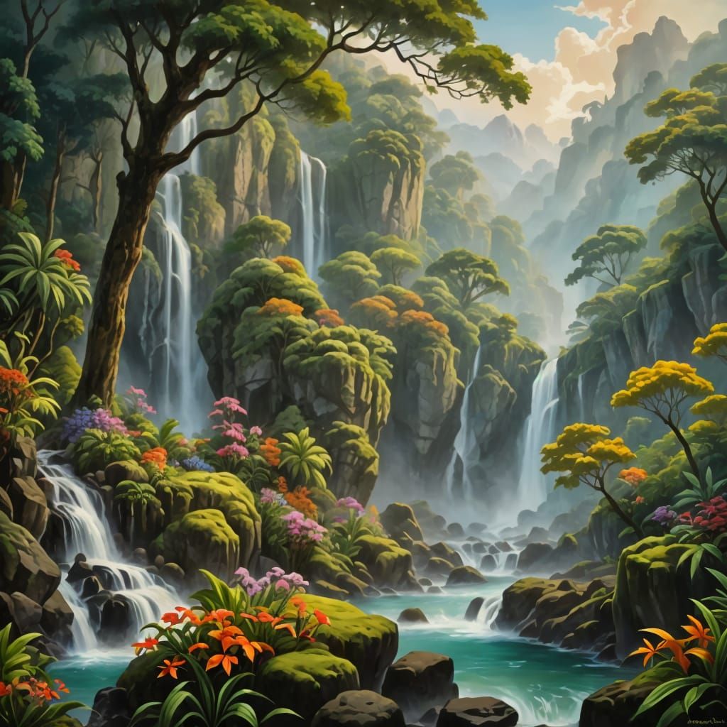 Serene Cascading Waterfalls in a Tropical Landscape