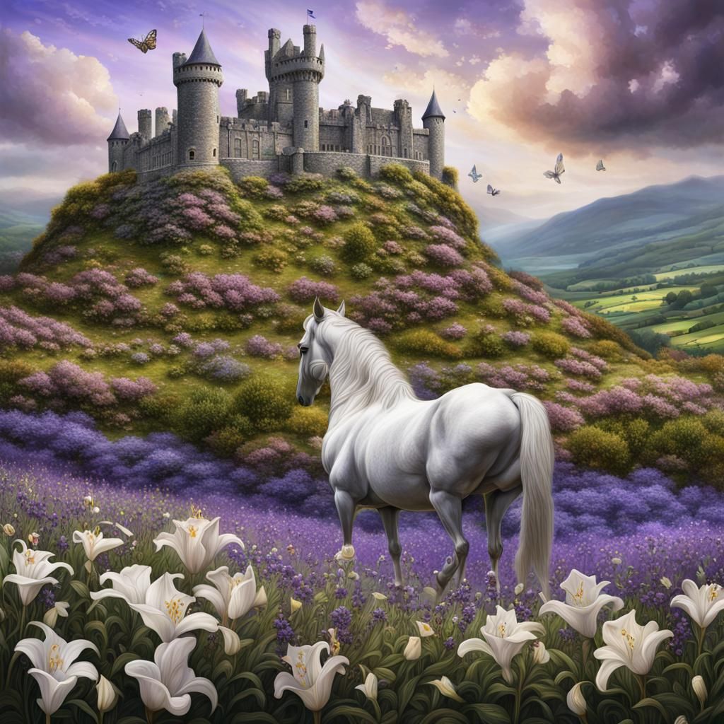 Hyperrealistic Irish Goddess with Horse in Magic Field