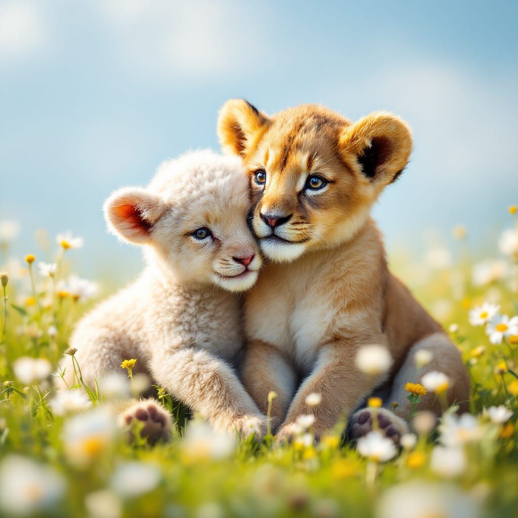 Lion Cub and Lamb Cuddled in Wildflower Field
