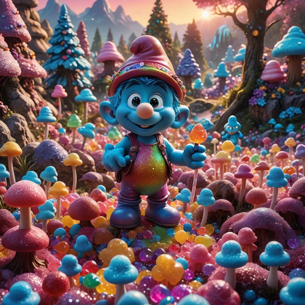 Smurfs Alien in Candyland: Dreamlike Fantasy Art