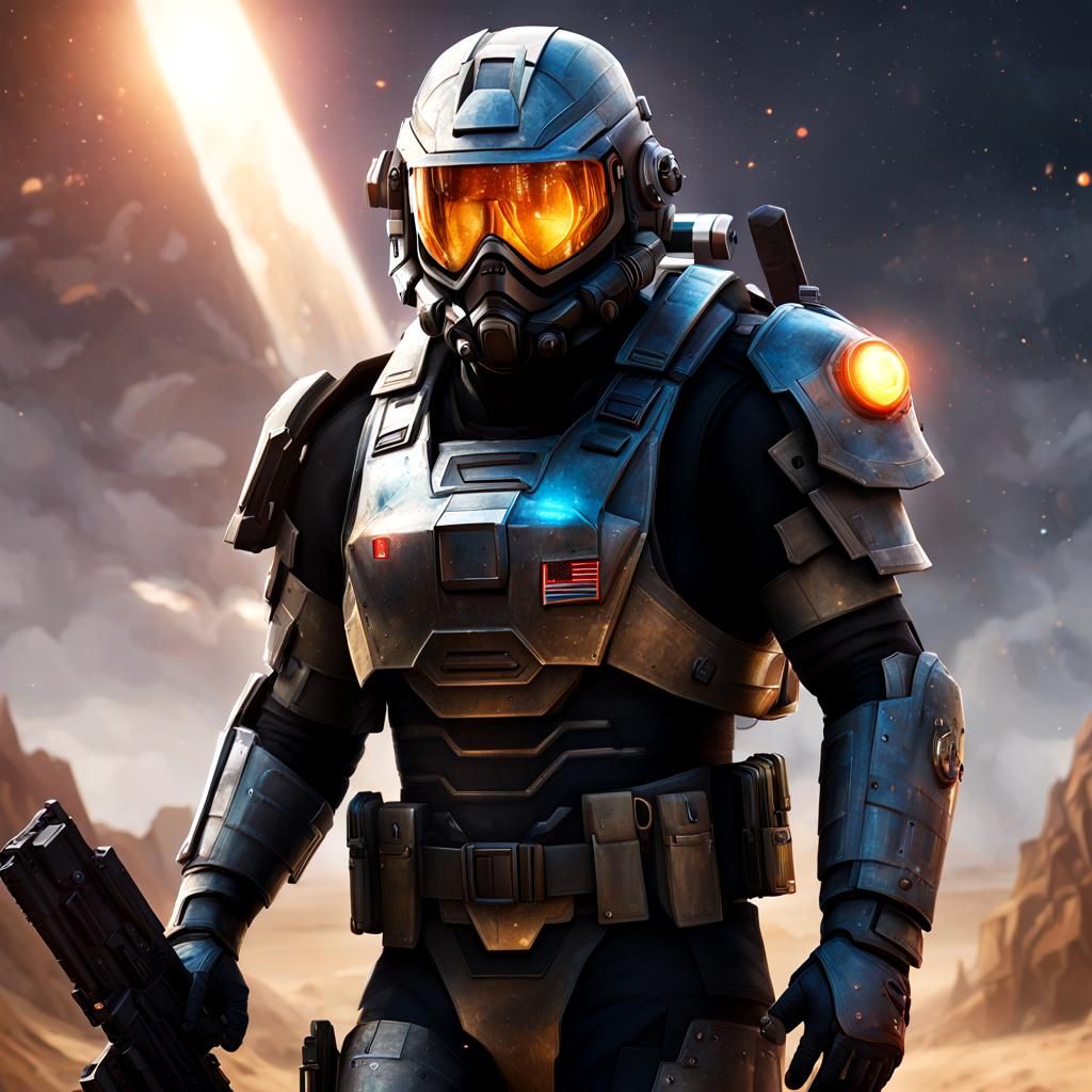 Futuristic Sci-Fi Soldier in Armored Blue Trench Coat