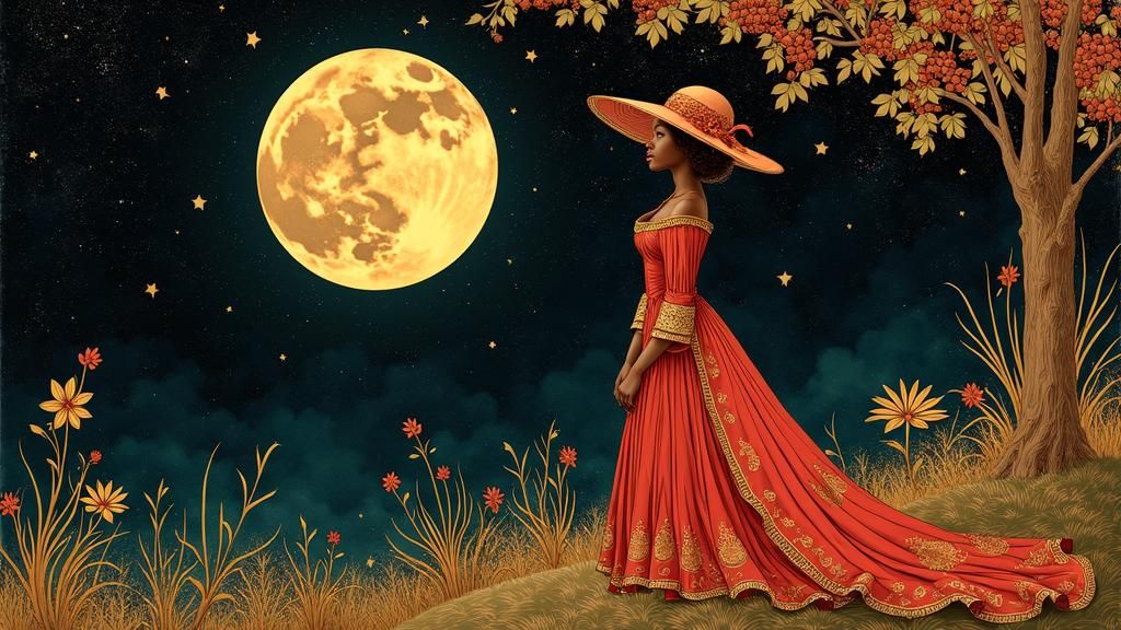 Elegant Woman Gazing at Moon in Art Nouveau Style