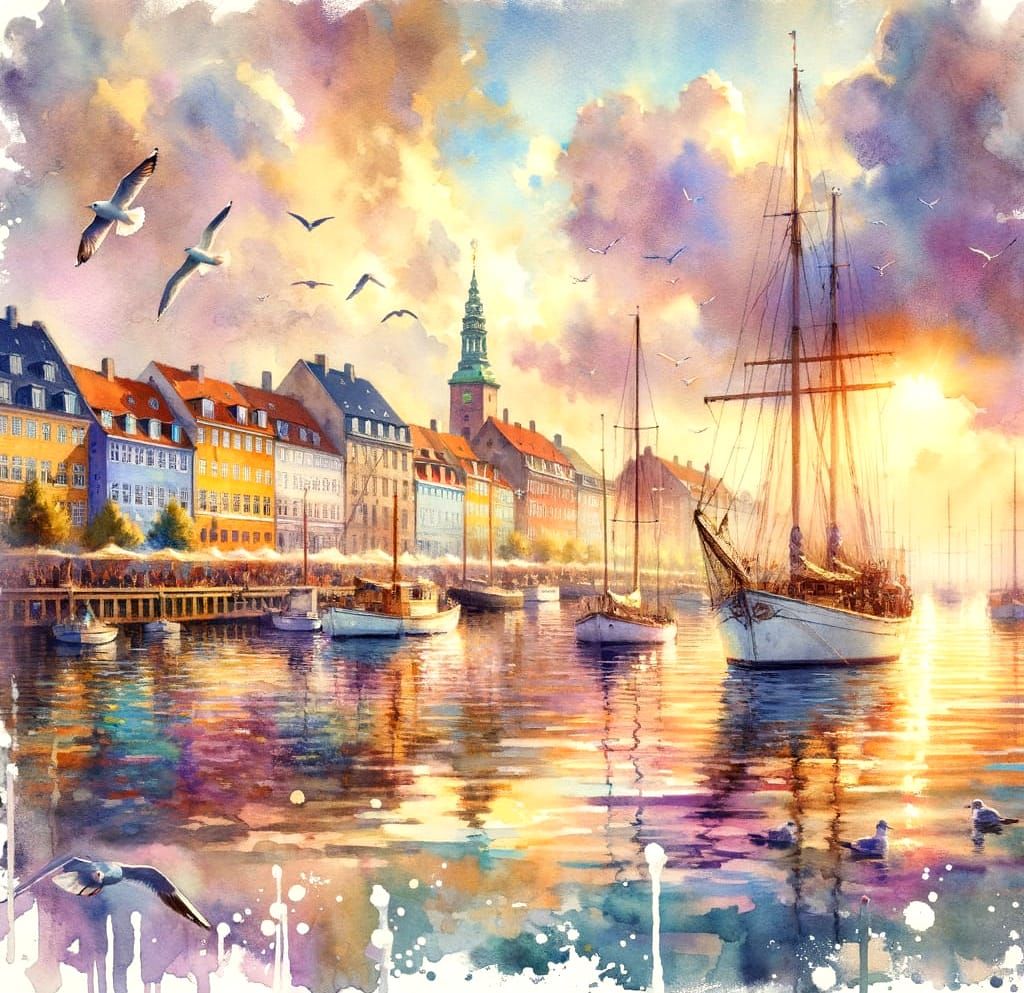 Copenhagen Impressionist Watercolour Painting with Golden Li...