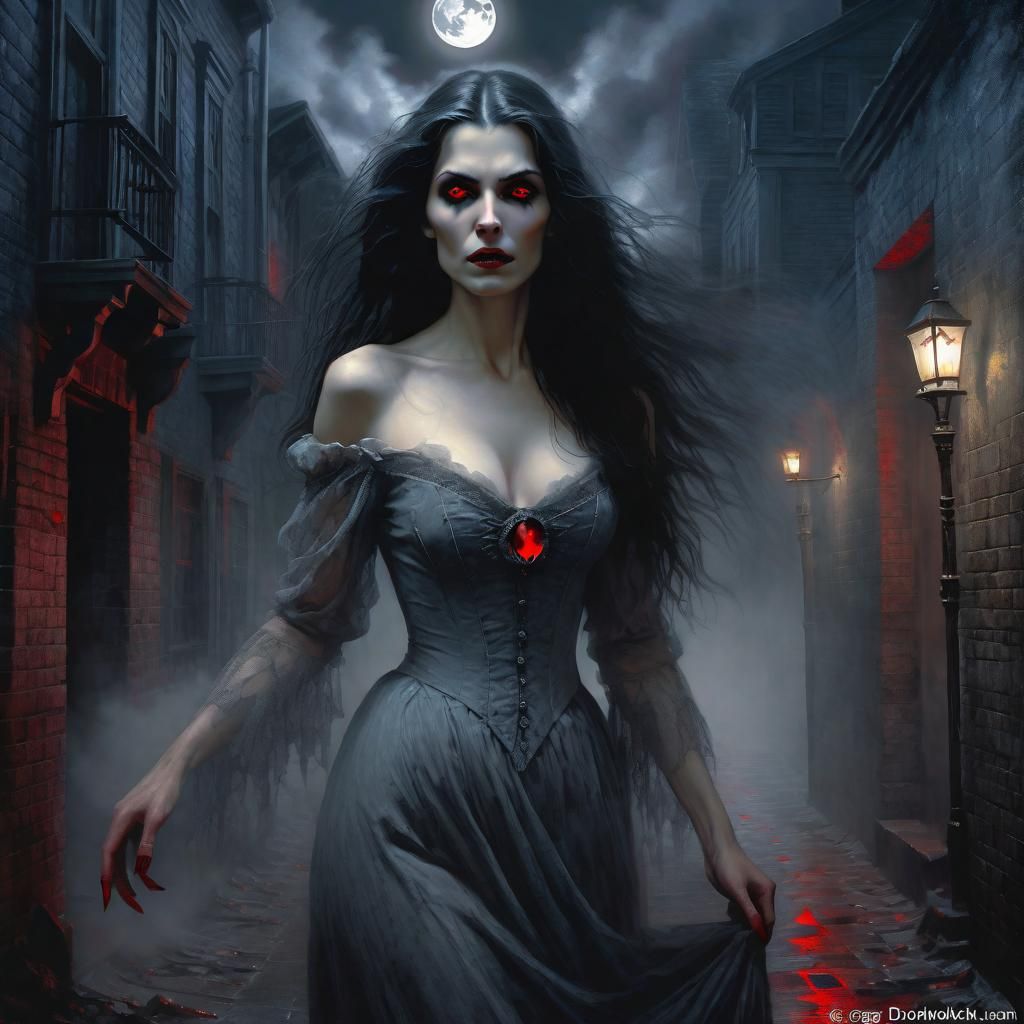 A women vampire in a dark alley