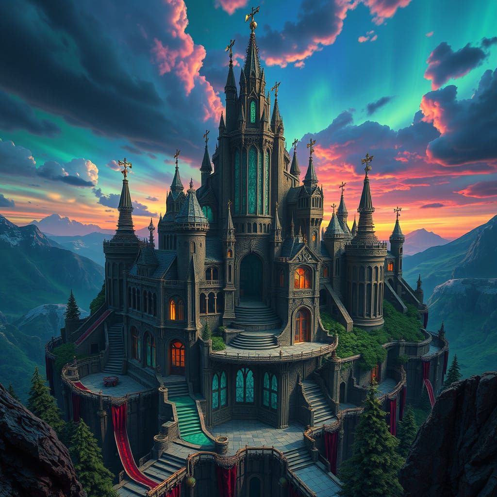 Impossible Escher Castle in Vibrant Fantasy Landscape