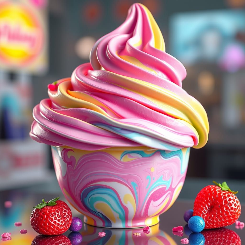 Anime-Inspired Swirled Ice Cream: Digital Art Render
