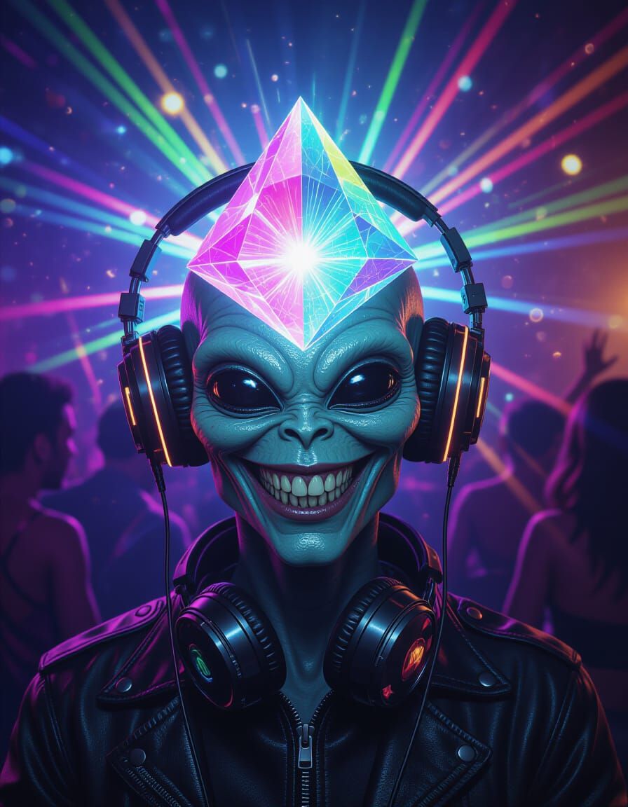 Alien DJ with Prism Head in Hyperrealistic Style