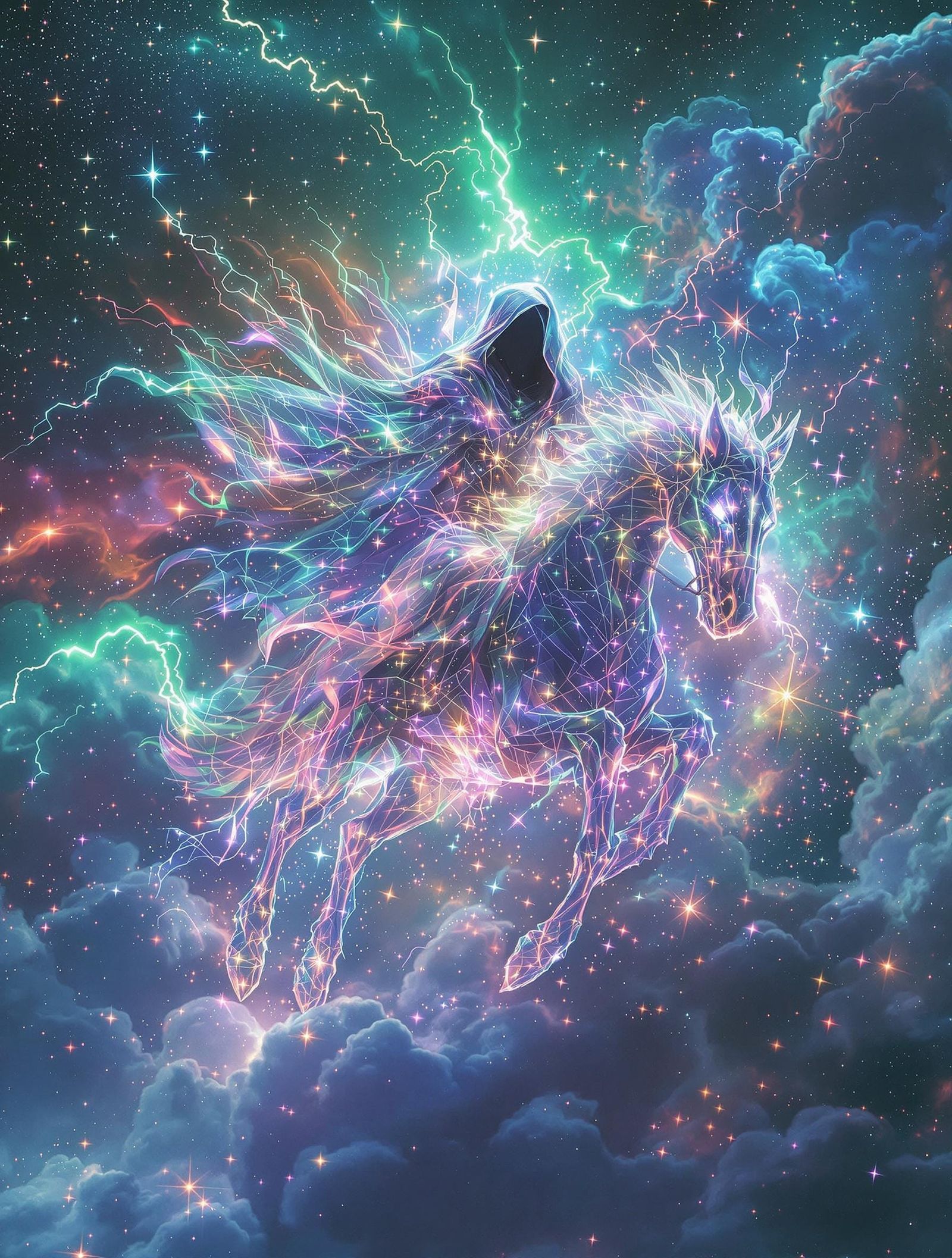 Surreal Grim Reaper on Starlight Steed in Cosmic Splendor